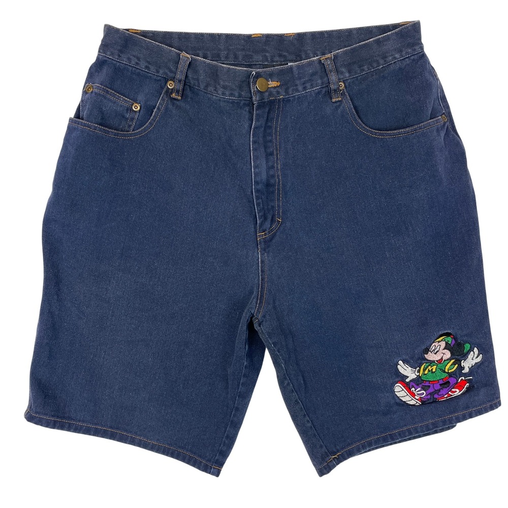 Dark Blue Denim Jean Shorts with Embroidered Character